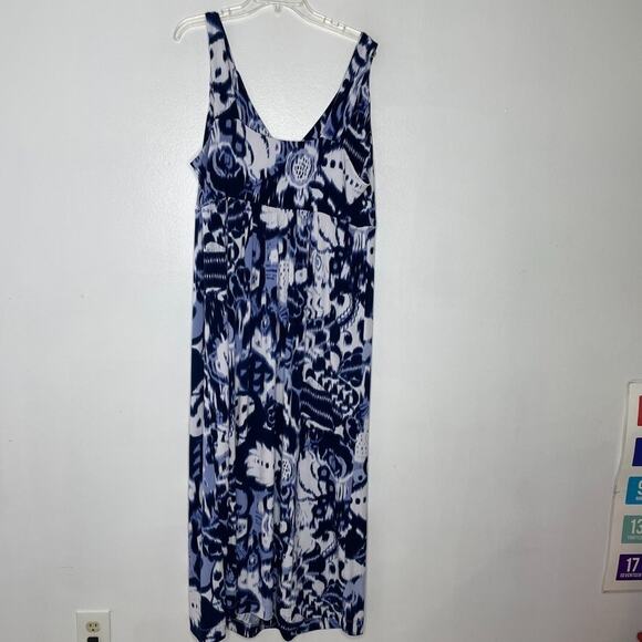 Ruby Rd. Plus Maxi Dress 1X Sleeveless Blue White Ikat Print Beaded Boho - Picture 4 of 6